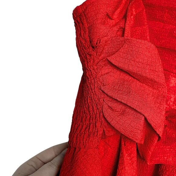 💚 Red Tiered Smocked Strappy Summer Mini Dress with Ruffles and Textured Fabric - Picture 5 of 7